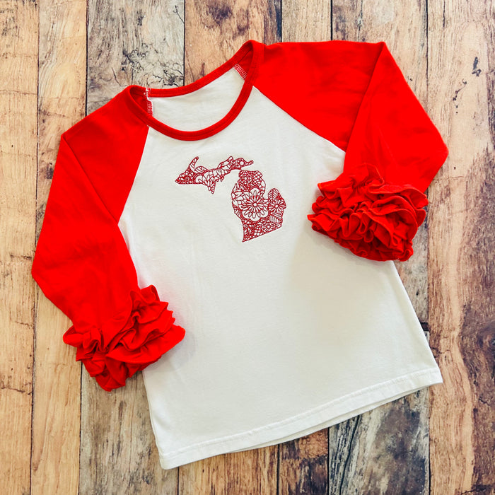 Boutique Ruffle Girl Top Size 4 Red White Michigan Embroidered Top