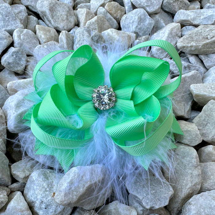 Bow 4.5" Green White Feather Jewel Girls Hair Bling
