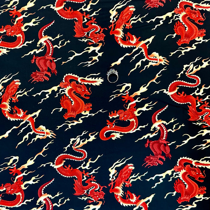 Cotton Fabric BTY DRAGON Black Red Fire Flame Chinese New Year