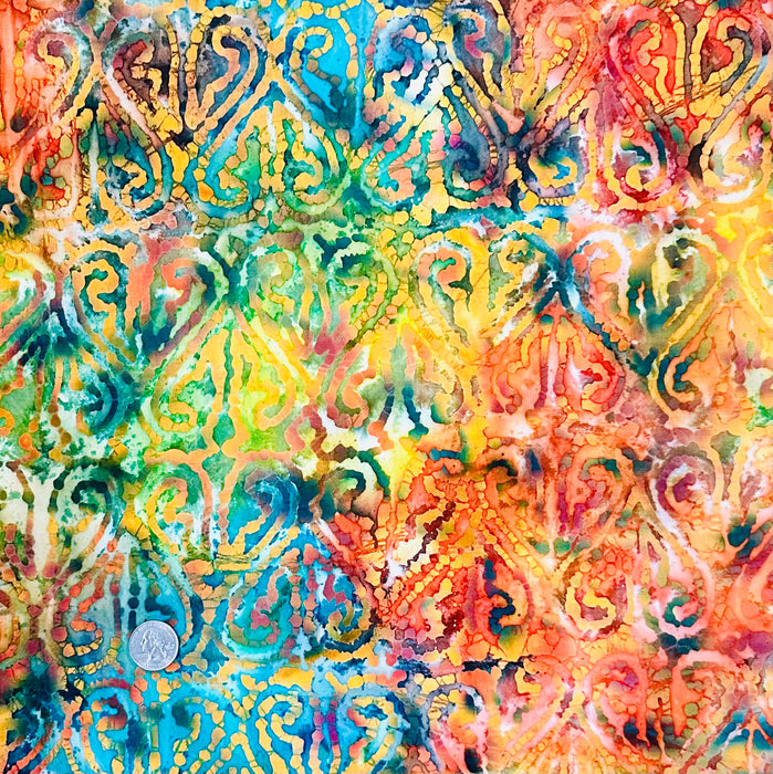 Cotton Fabric BTY Batik Rainbow Tone Tonal Artistic Heart Scroll Stripe