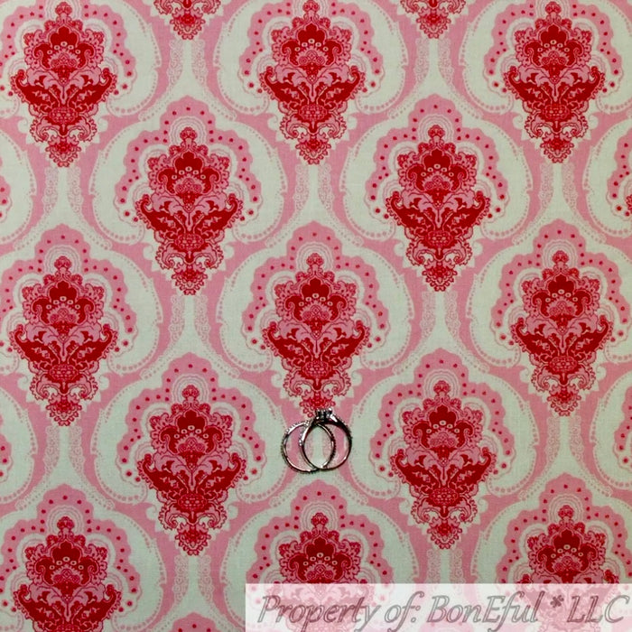 Cotton Fabric BTY Cream Pink Rose Flower Damask Vintage Print