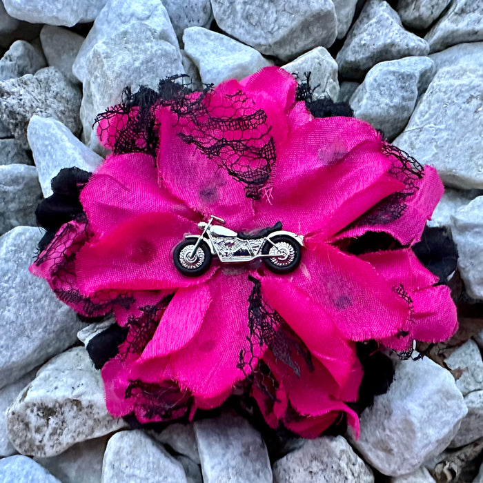 Bow 4.5" Girls Hair Clip Black Lace Hot Pink Flower Motorcycle