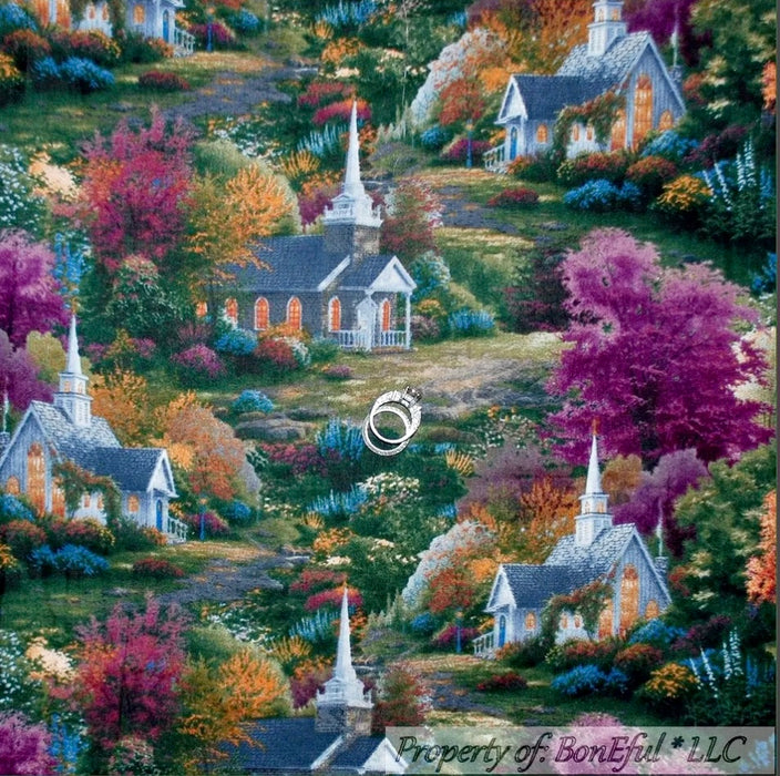 Cotton Fabric BTY Church Steeple Religious Fall Tree Leaf Scenic