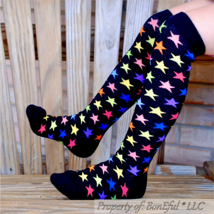 Knee Socks Kids 9-11 Rainbow Color Star Black Fashion