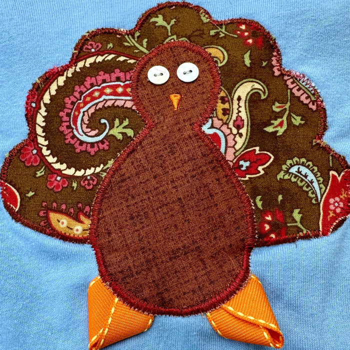 Boutique Girls Size 4/5 Blue Turkey Thanksgiving Fall S/S T-Shirt Top & Bow