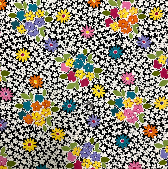 Cotton Fabric BTY Black White B&W Rainbow Flower Bouquet Print