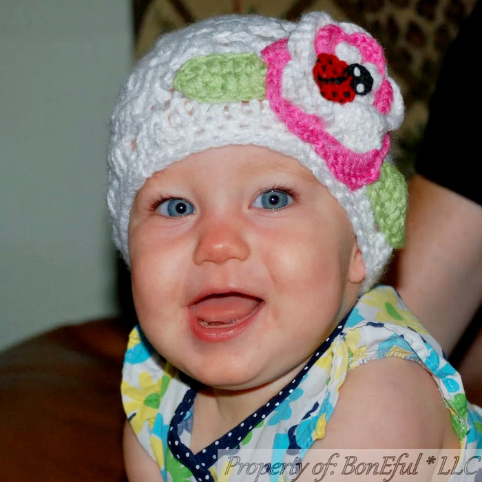 Boutique Baby Girls Hat 0 - 9 Months Crochet White Flower