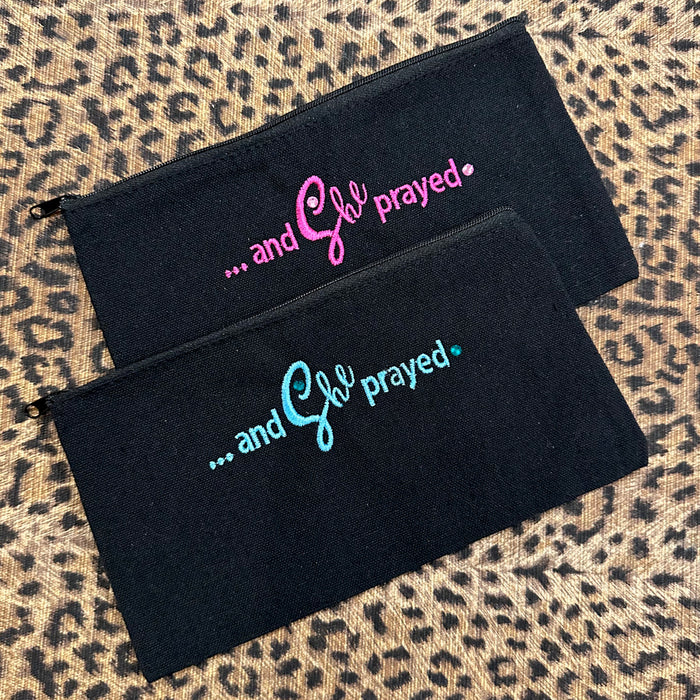 Custom Embroidered Teal Zipper Pouch Bag She Prayed
