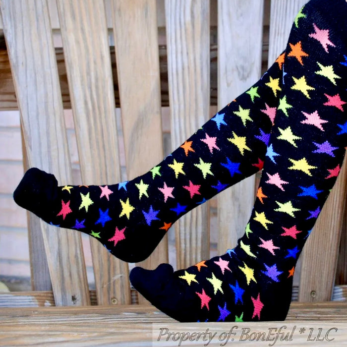 Knee Socks Kids 9-11 Rainbow Color Star Black Fashion