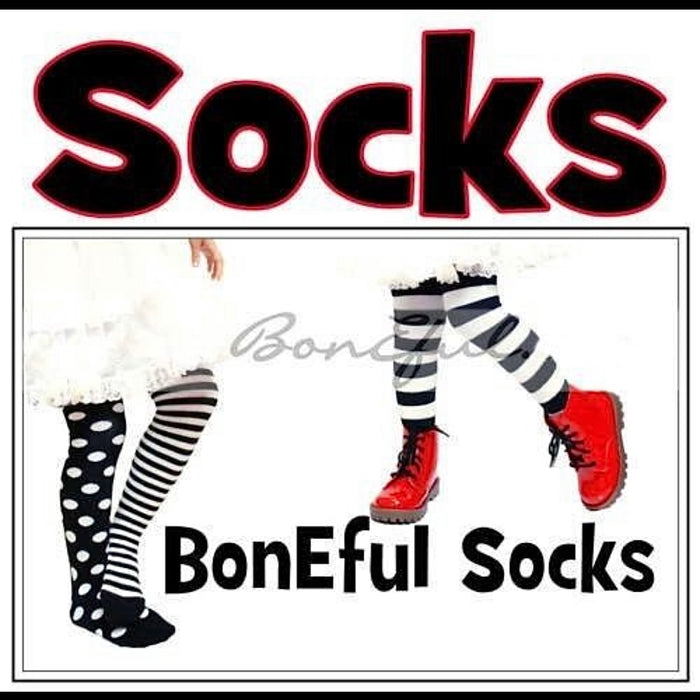 Knee Socks Kids 9-11 B&W Black White Wide Stripe Holiday
