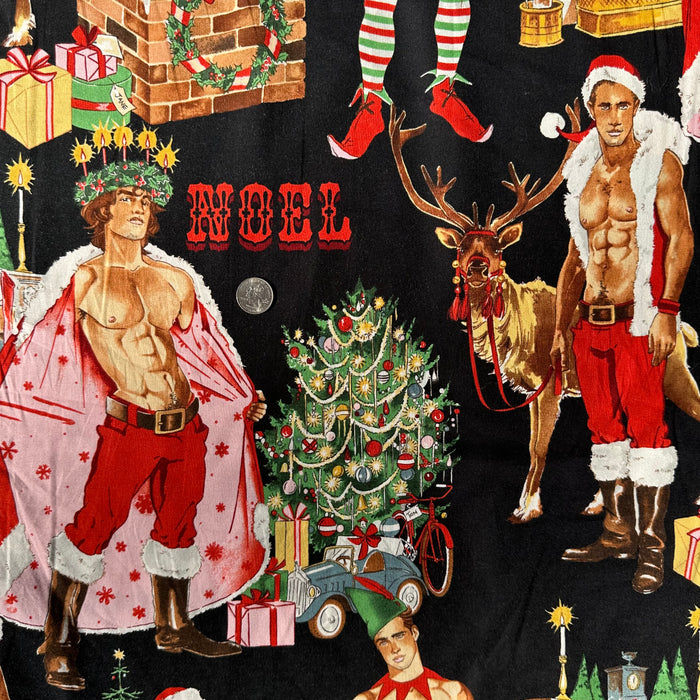 Cotton Fabric BTY Adult Sexy Santa Christmas Tree Scenic Men in Elf Costume
