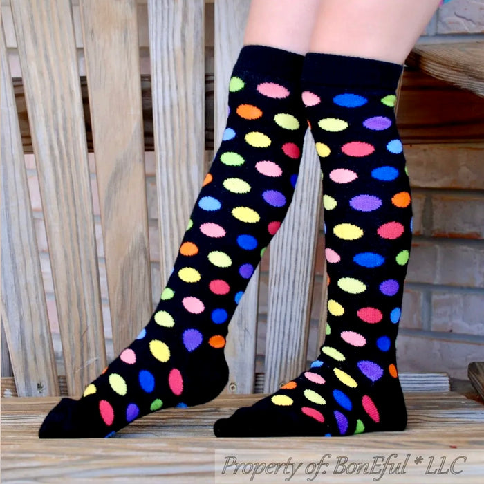 Knee Socks Kids 9-11 Rainbow Black Color Polka Dot High Fashion