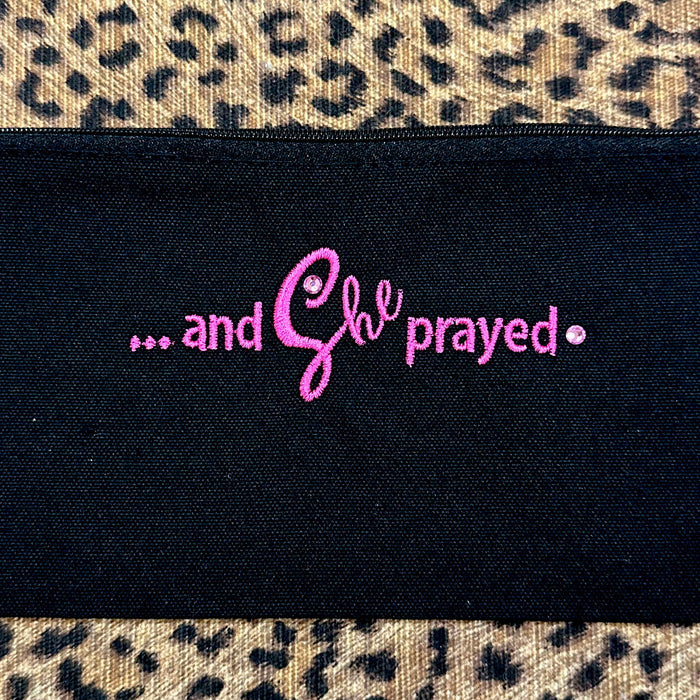 Custom Embroidered Pink Zipper Pouch Bag Gift She Prayed