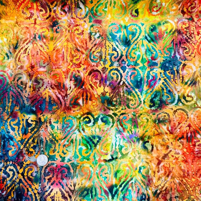 Cotton Fabric BTY Batik Rainbow Tone Tonal Artistic Heart Scroll Stripe