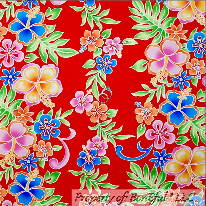 Cotton Fabric BTY Red Rainbow Hawaiian Flower Stripe