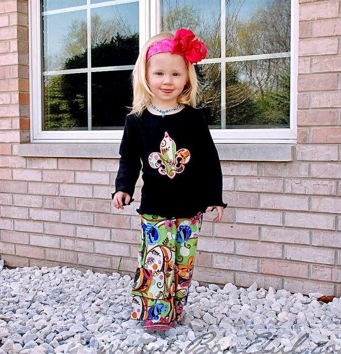 Boutique Girls Size 2 2T 3 Fleur De Lis Applique Top Ruffled Pants Outfit