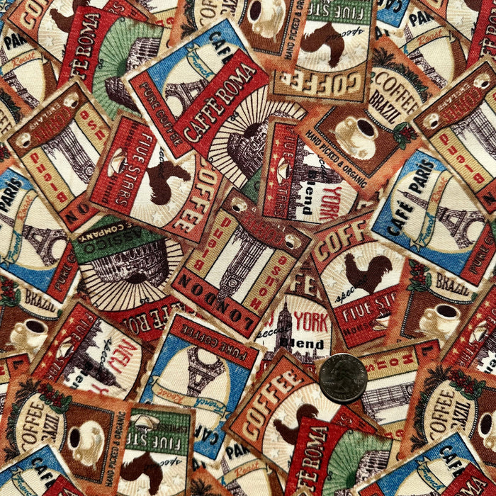 Cotton Fabric BTY Brown Coffee Hot Drink Cafe Beverage Rooster Farm