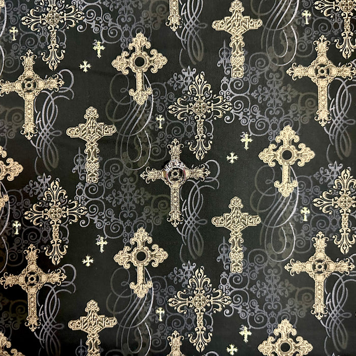 Cotton Fabric BTY Black Gold Metallic Cross Religious Christian Catholic
