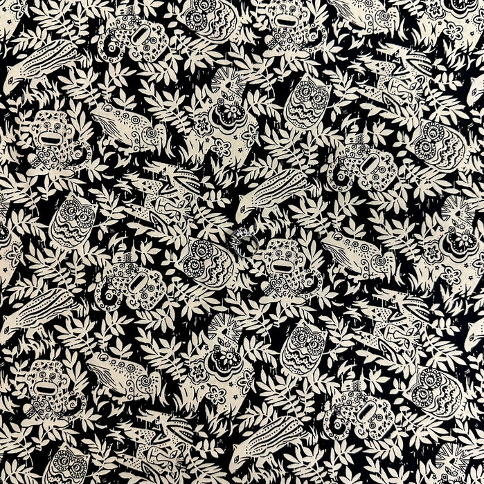 Cotton Fabric BTY Jungle Animal Leaf Folk Art Black Tan Print