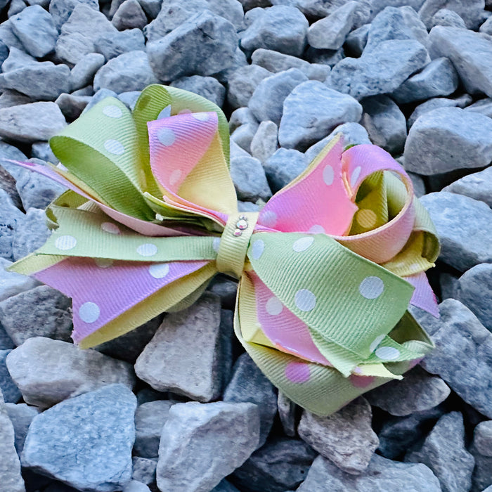 Bow 5.5" Girls Hair Ribbon Pink Green Yellow White Dot Crystals