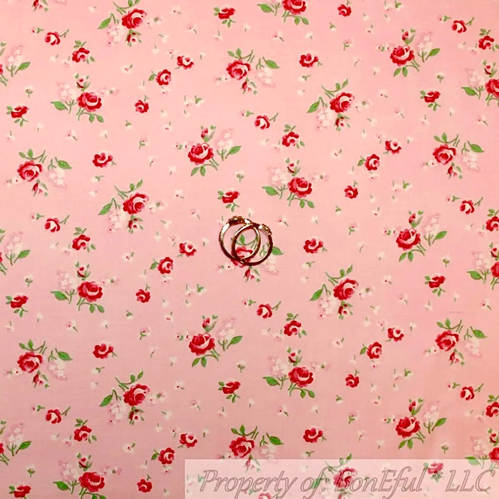 Cotton Fabric BTY Flower Rose Red Pink Cottage Small Tiny Calico Print