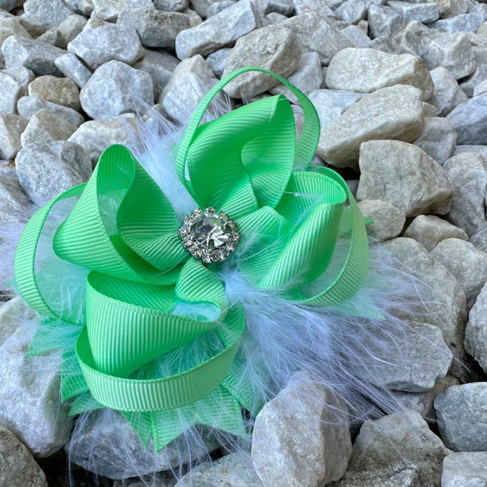 Bow 4.5" Green White Feather Jewel Girls Hair Bling