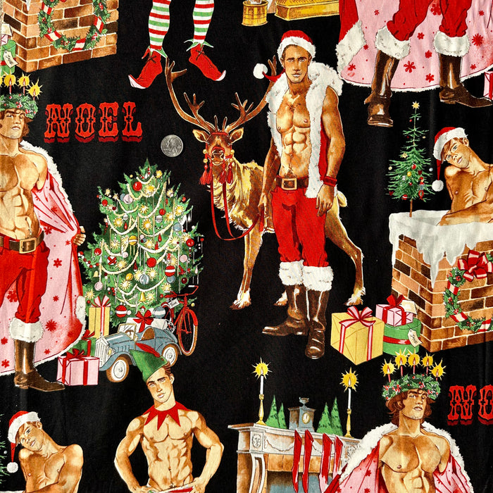 Cotton Fabric BTY Adult Sexy Santa Christmas Tree Scenic Men in Elf Costume