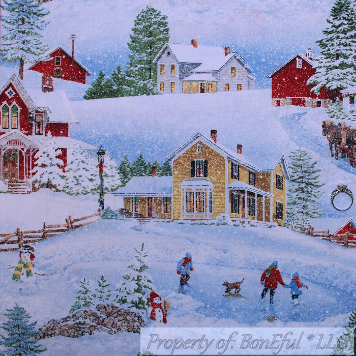 Cotton Fabric BTY Winter Scenic Tree Farm Country Church House Xmas