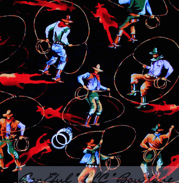 Cotton Fabric BTY Black Red Cowboy Horse Boots Hat Texas Rodeo SALE
