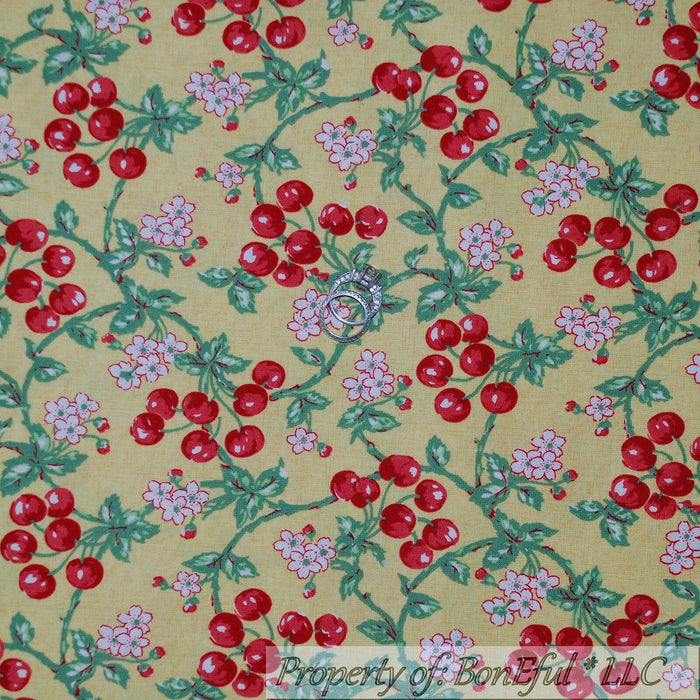 Decorator Cotton Fabric BTY Yellow White Green Leaf Red CHERRY TREE Flower VT