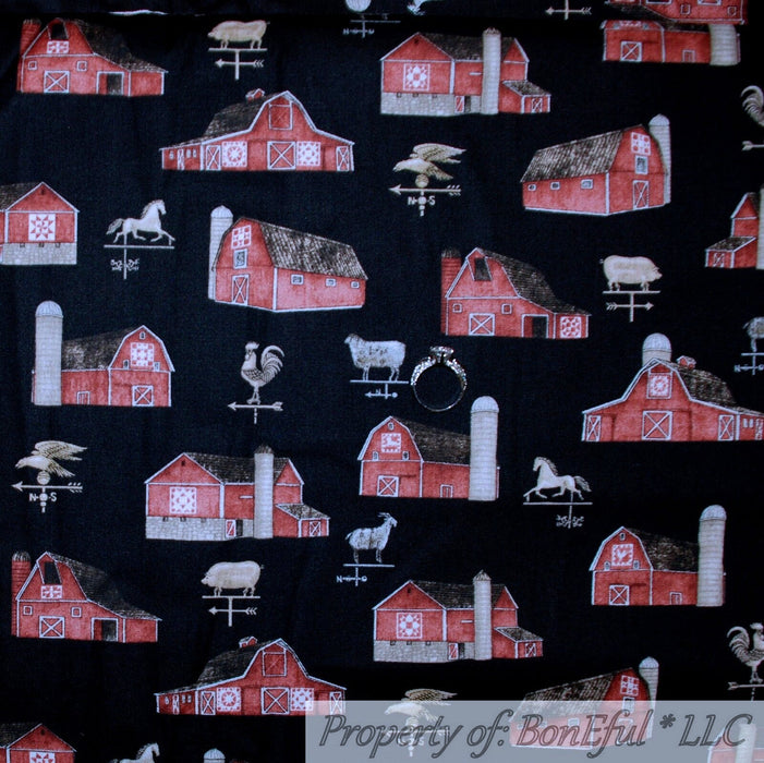Cotton Fabric BTY Black Red Barn Farm Scenic Horse Pig Rooster Cow