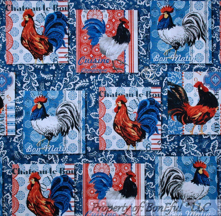 Cotton Fabric BTY Blue Red White Chicken Rooster Kitchen Patchwork