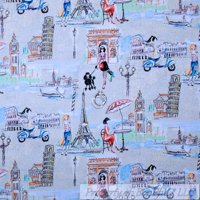 Cotton Fabric BTY Gray Toile Girl French Paris Eiffel Tower Rome Art Print