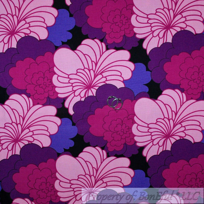 Decor Fabric BTY Woven Soft Canvas Black Purple Pink Flower Retro Color