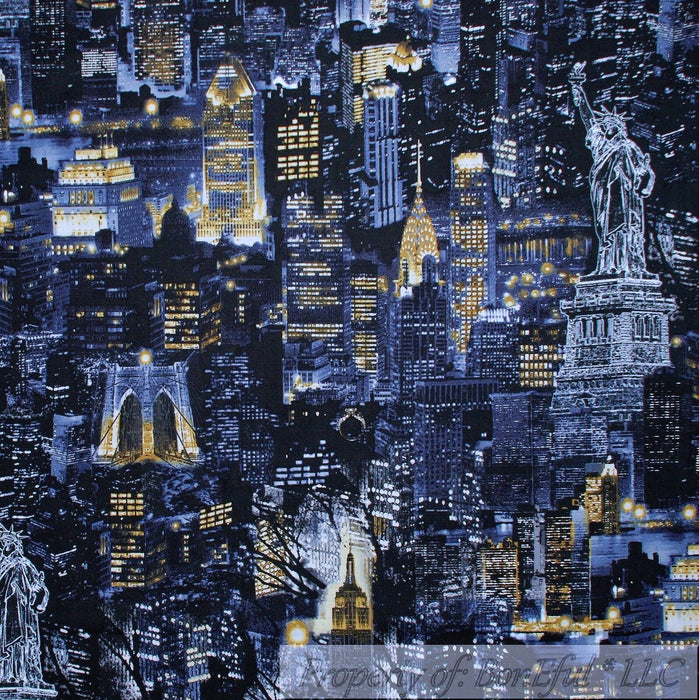 Cotton Fabric BTY Black Dark Night Gold NYC City Light Statue of Liberty