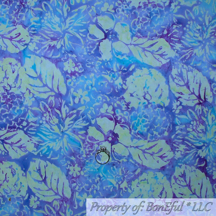 Cotton Fabric BTY Blue Aqua Water Flowers Leaf Hawaiian Batik