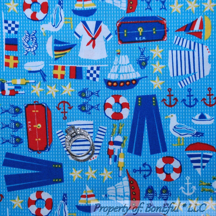 Cotton Fabric BTY Blue Red White Ship Flag Sail Boat Cruise Kid Marine USA