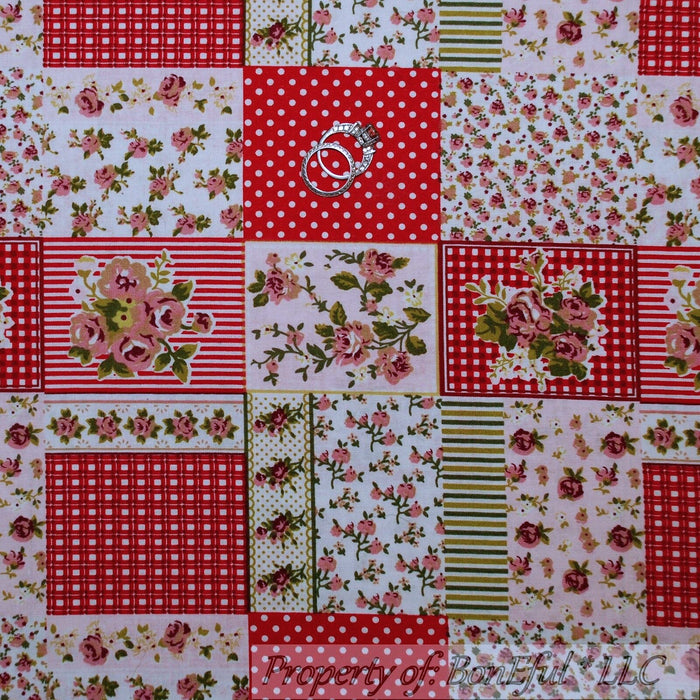 Cotton Fabric BTY Red White Pink Rose Flower Patchwork Calico Dot