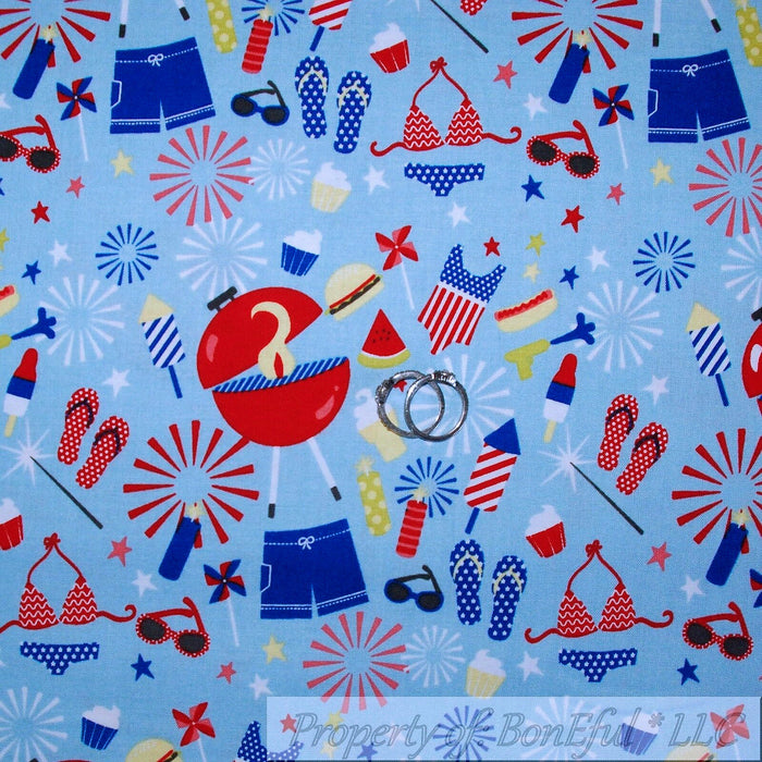 Cotton Fabric HY Blue Red White American Girl Food Cupcake BBQ USA