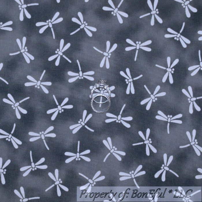 Cotton Fabric BTY Gray Tone Tonal Cream Dragonfly Insect Scenic Organic