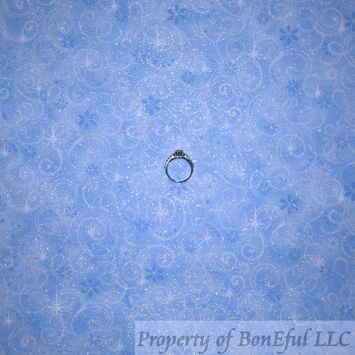 Cotton Fabric BTY Blue Tonal Flower Glitter Metallic Star Dot Girl