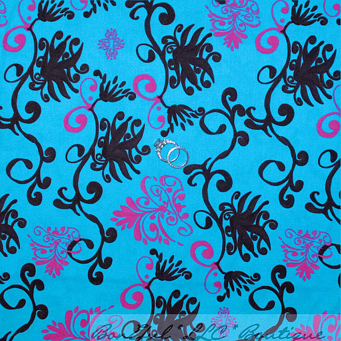 Cotton Fabric BTY Aqua Blue Pink Flower Swirl Brown Ethnic Toile