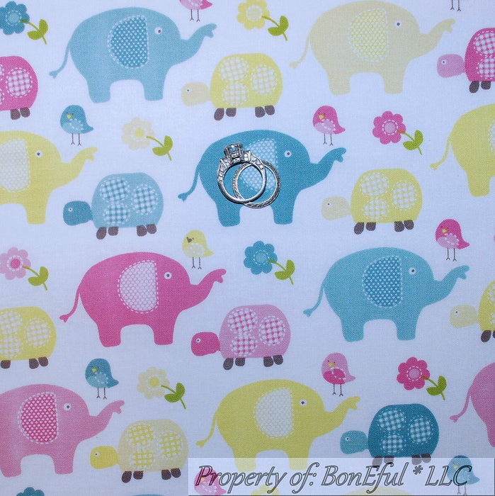 Cotton Fabric BTY White Blue Pink Elephant Turtle Flower Bird Baby Unisex
