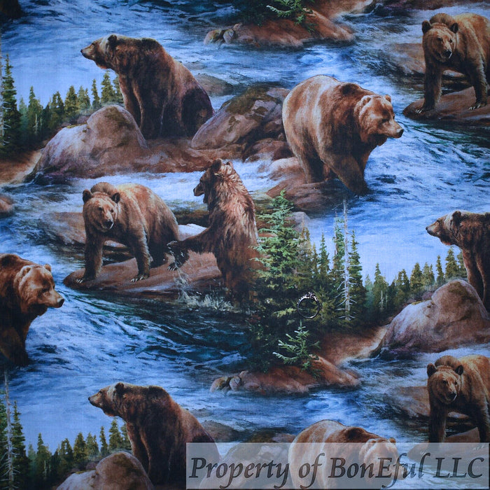 Cotton Fabric BTY Blue Water Brown Bear Scenic Scene Green Tree