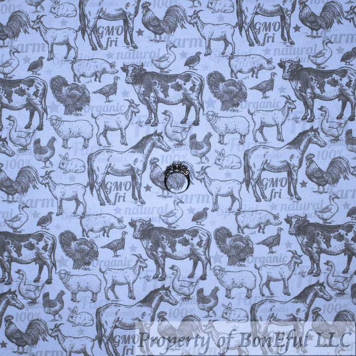 Cotton Fabric BTY White Farm Animal Brown Horse Chicken Goat