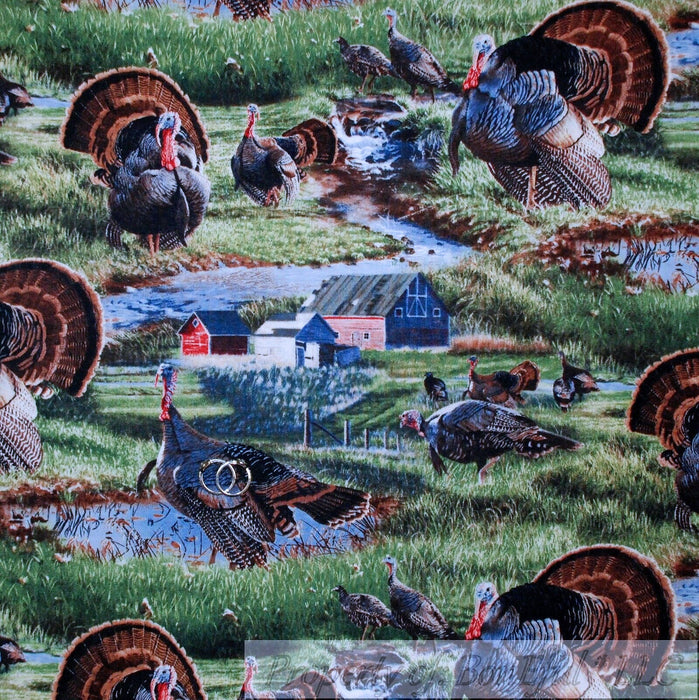 Cotton Fabric BTY Turkey Bird Thanksgiving Farm Barn Water Scene
