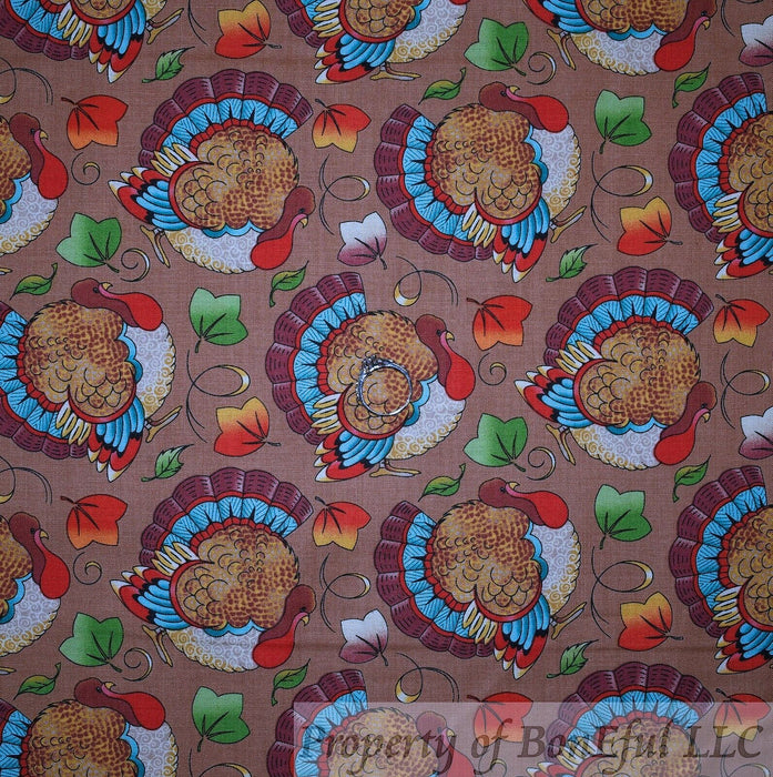 Cotton Fabric BTY Brown Turkey Bird Fall Leaf Color Thanksgiving