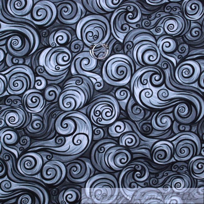 Cotton Fabric HY Black Gray White Scroll Swirl Dark Night Sky Sale