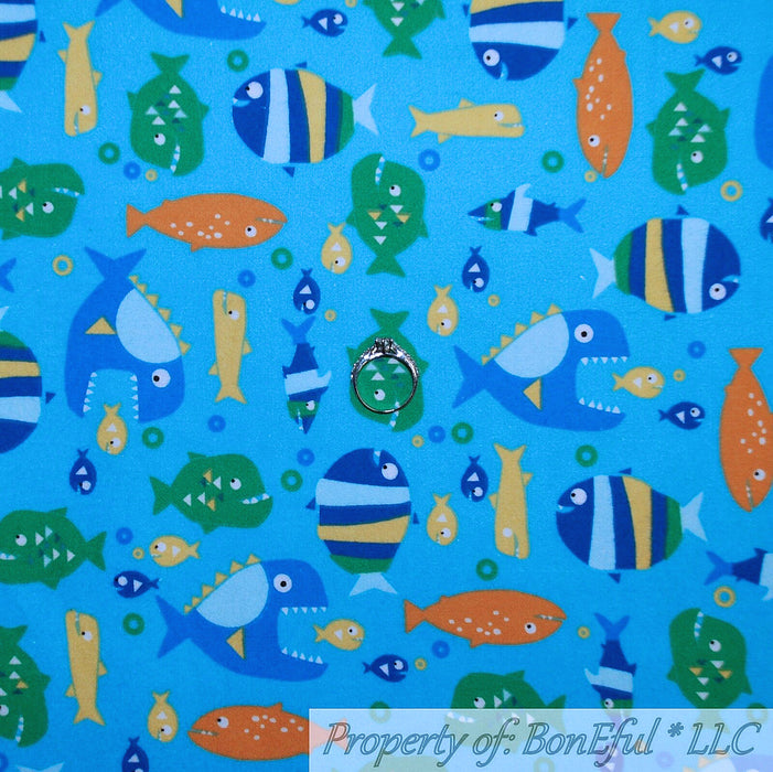 Flannel Fabric BTY Aqua Blue Orange FISH Sea Ocean Water Kids