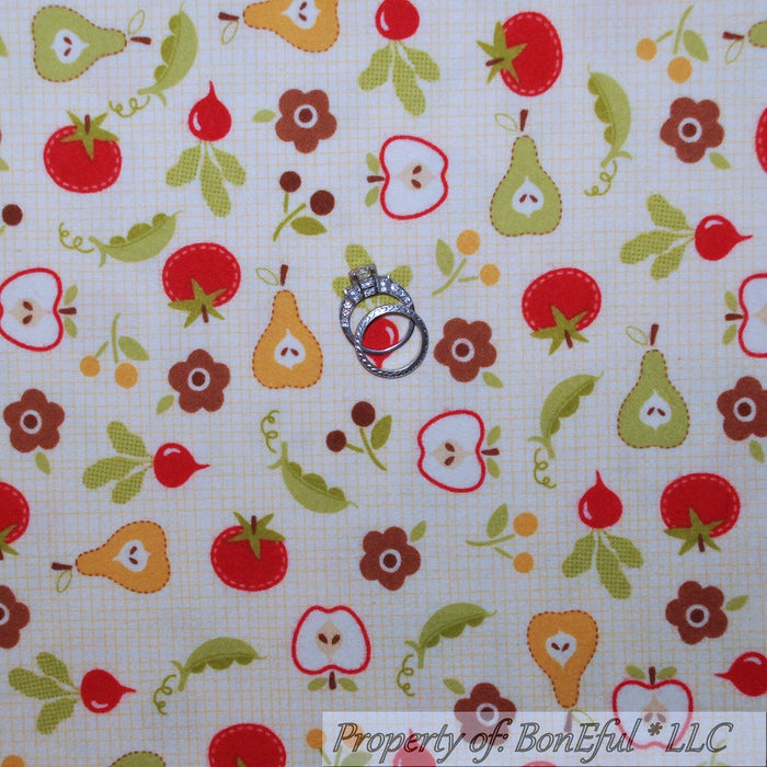 Flannel Fabric BTY Cream Green Garden Red Vegetable Fruit Check